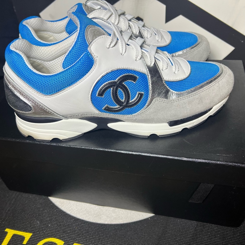 CHANEL Sneakers Blue and White Athletic Shoes with Silver Detail - Picture 6 of 10